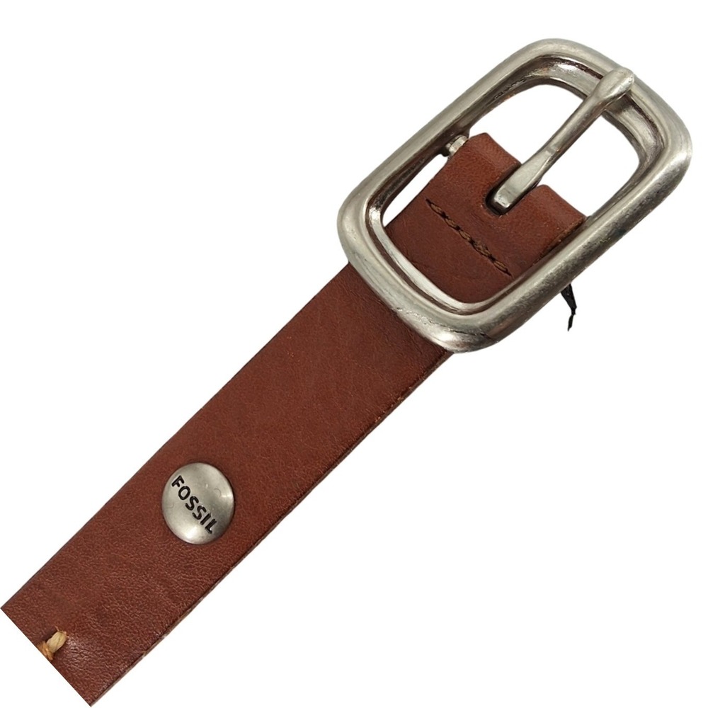 Fossil Brown Leather Skinny Belt Silver Buckle Contrast Stitch Large